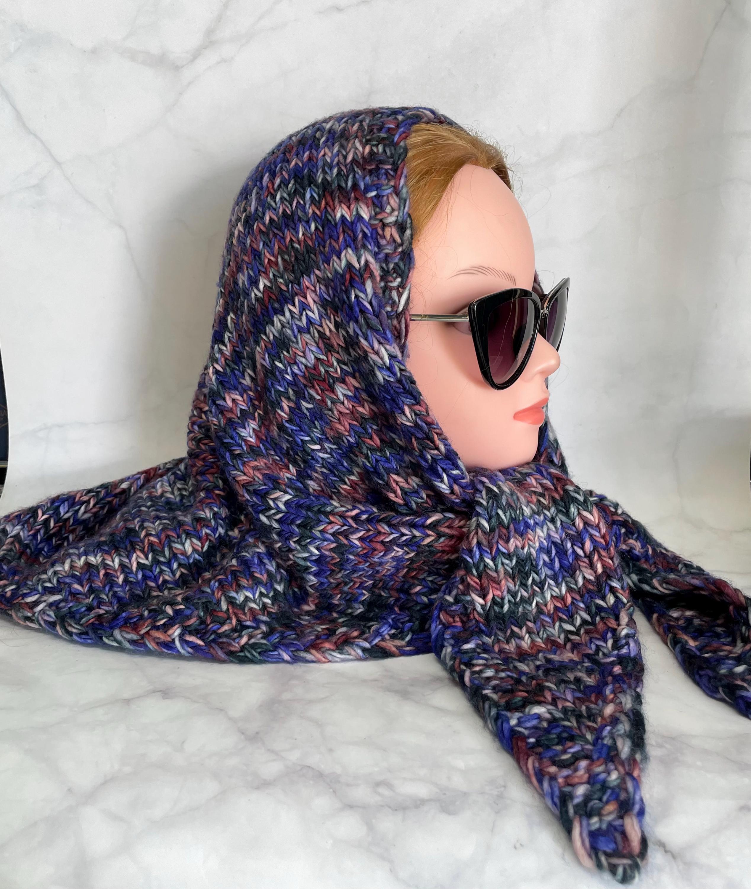 Knitted Merino Wool Babushka Scarf: Blue Winter Hood - Etsy