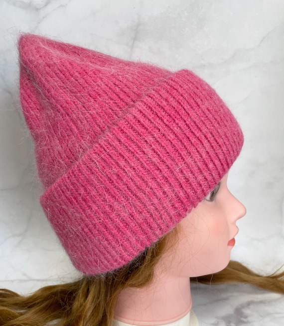Rabbit Wool Knit Hat, Dark Pink Winter Beanie, Accessories  display picture 3