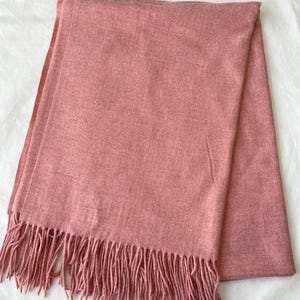 May include: A soft, pink throw blanket with a fringe border. The blanket is folded in half and has a subtle texture.
