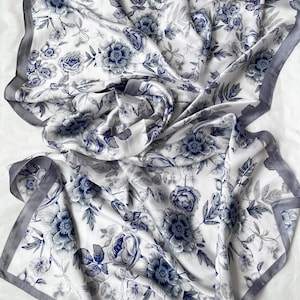 White Blue Scarf, Large Scarf, Silk Scarf, Summer Shawl, Soft Wrap, Neck Scarf, Women&#39;s Accessories, Gift