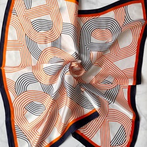 Silk Blend Scarf: Orange, Blue & White Geometric Print (27x27&quot;)