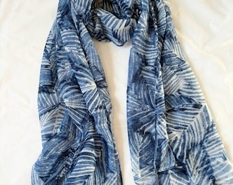 White Blue Cotton Scarf, Large Summer Shawl, Soft Wrap, Accessories