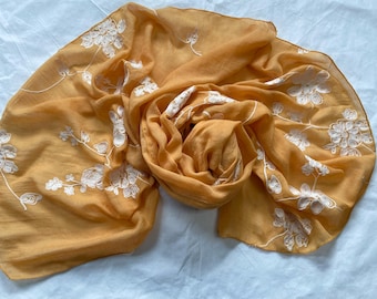 Yellow Cotton Scarf: Large Summer Shawl with Floral Embroidery