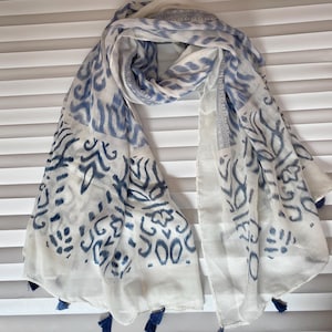 Weiß Blauer Schal, großer Baumwollschal, Sommerschal, Pareo, weicher Schal, Accessoires