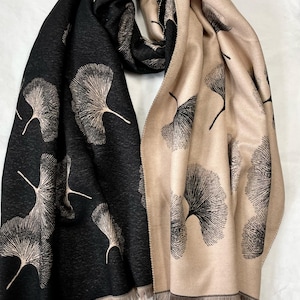 Zwarte, beige wollen sjaal, dubbelzijdige sjaal, zachte omslag, warme pashmina, accessoires