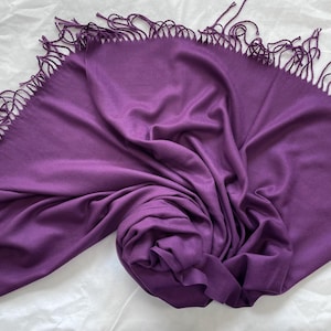 May include: A purple scarf with fringe on all sides. The scarf is made of a soft, lightweight fabric.