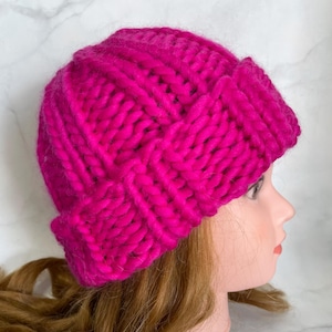 Hand Knit Hot Pink Wool Beanie: Winter Beret