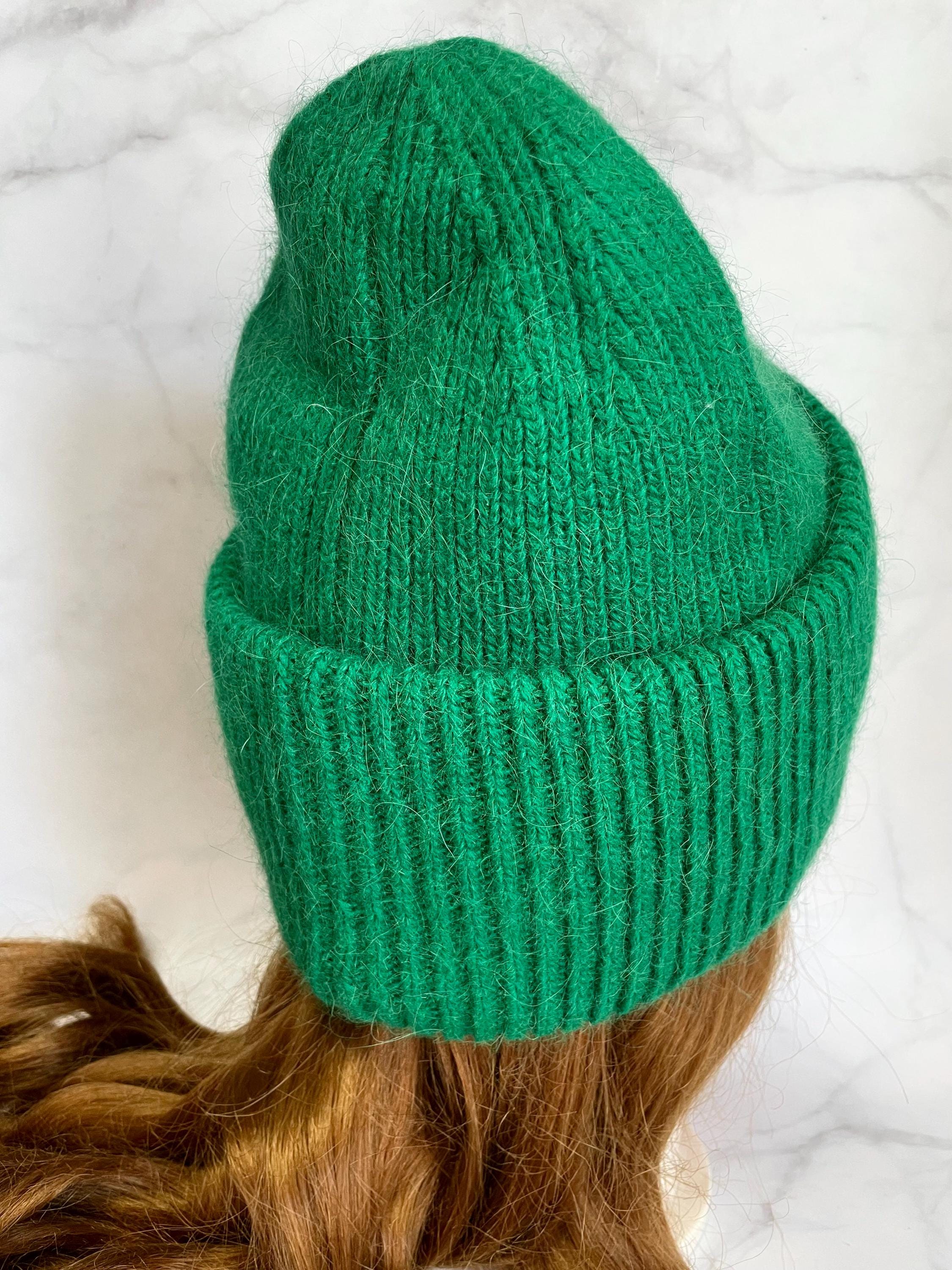 Emerald Green Rabbit Wool Hat, Knit Winter Beanie, Warm  display picture 1