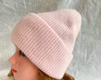 Rabbit Wool Knit Hat,  Light Pink Warm Winter Beanie, Beret