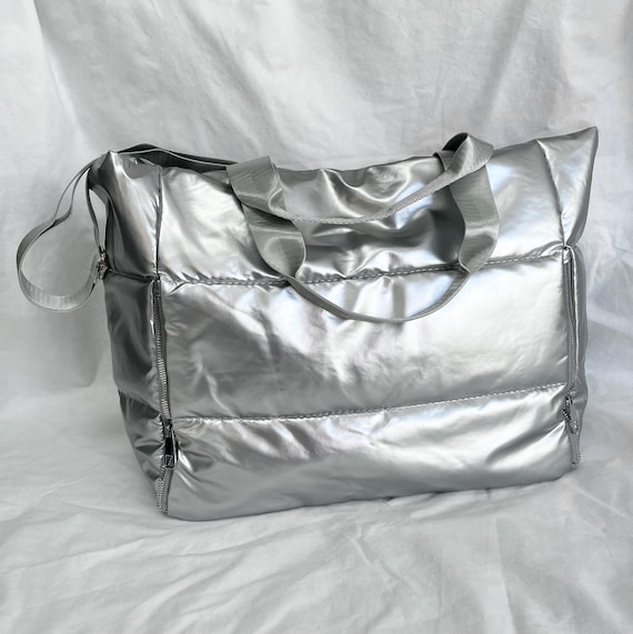 Metallic Silver Puffer Tote Bag: Large Padded Winter Bag