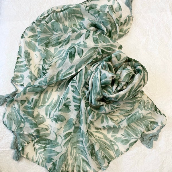 White Green Scarf, Large Scarf, Cotton Scarf, Summer Shawl, Pareo, Soft Wrap,  Accessories, Gift