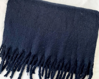 Navy Blue Wool Scarf, Large Soft Winter Shawl. Plaid Wrap, Accessories