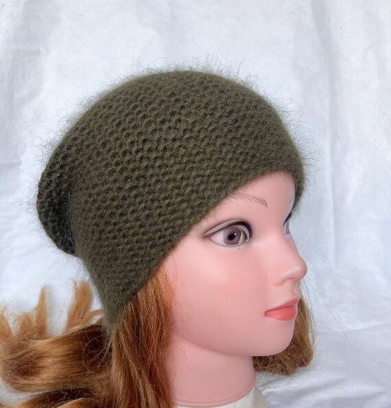 Dark Green Angora Wool Hat, Hand Knit Beanie, Winter  display picture 3