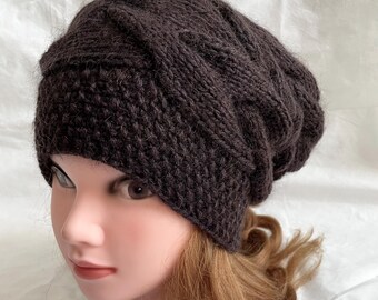 Hand Knit Wool Beanie: Brown Winter Beret