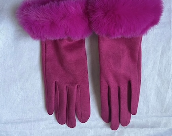 Gloves, Ladies Gloves, Dark Pink Gloves, Smart Touch Gloves, Faux Fur Cuff Gloves, Winter Accessories, Gift
