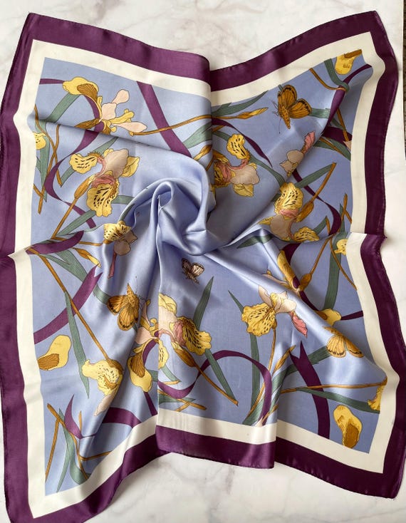 Purple Floral Silk Scarf, Square Shawl, Headwrap, Neck Scarf  display picture 1