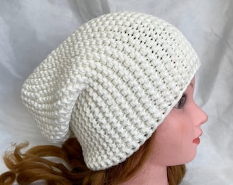 Hand Knit Merino Wool Beanie - White Winter Hat