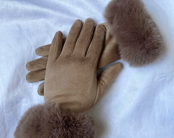 Gloves, Ladies Gloves, Beige Gloves, Smart Touch Gloves, Faux Fur Cuff Gloves, Winter Accessories, Gift