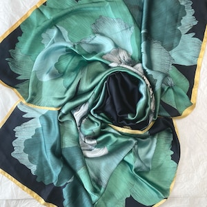 Gebloemde zijden sjaal, groenblauwe zomersjaal, accessoires