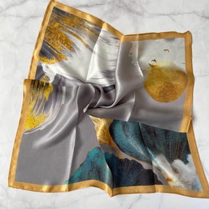 Small Silk Scarf: Gray, Yellow & Blue Headwrap - 20&quot; Square