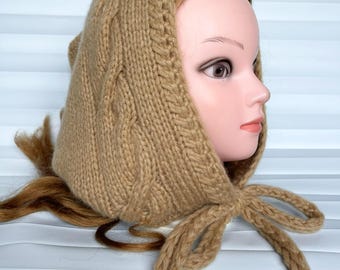 Wool Hooded Scarf, Beige Hat, Hand Knit Winter Snood, Accessories