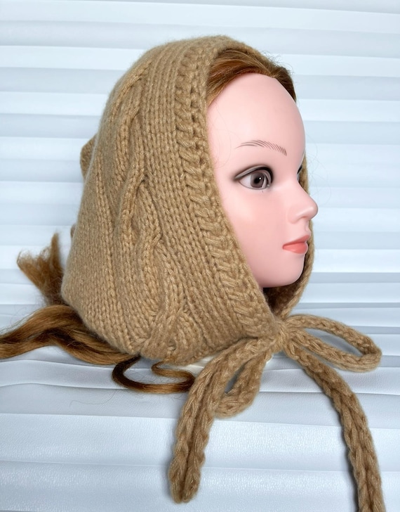 Wool Hooded Scarf, Beige Hat, Hand Knit Winter Snood  display picture 3