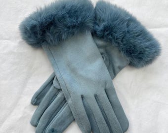 Gloves, Ladies Gloves, Blue Gloves, Smart Touch Gloves, Faux Fur Cuff Gloves, Winter Accessories, Gift