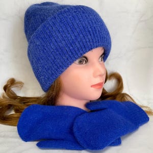 Rabbit Wool Knit Hat and Mittens Set - Royal Blue Winter Accessories
