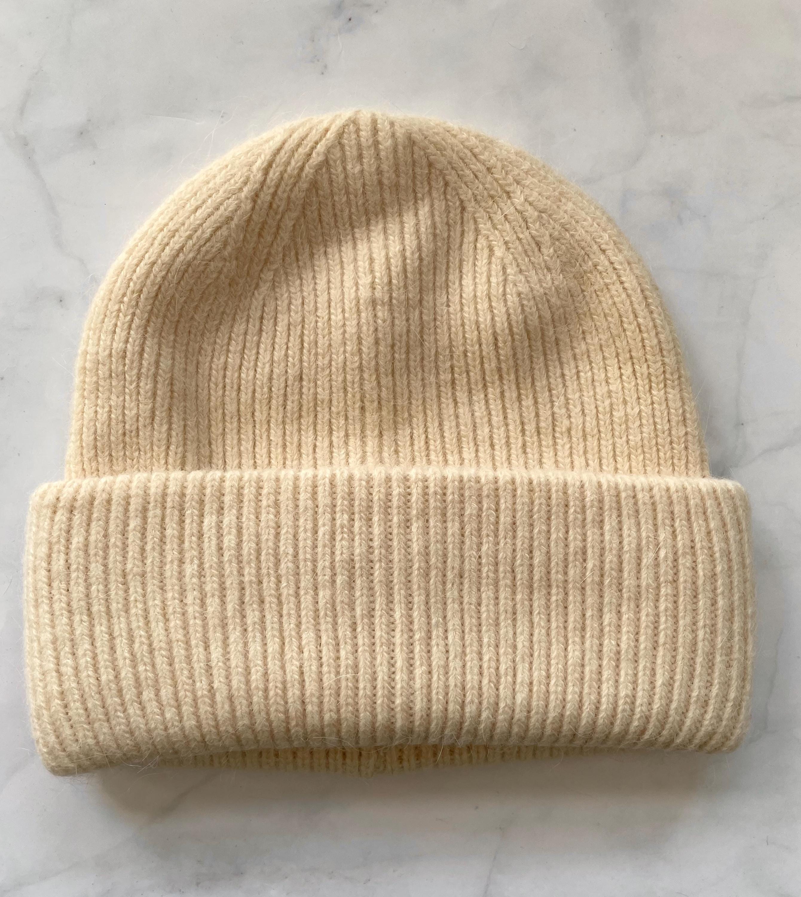Rabbit Wool Knit Hat, Cream Winter Beanie, Warm Beret 