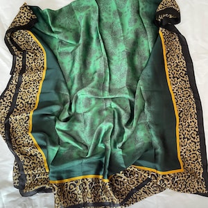 Green Silk Blend Scarf: Leopard Print Trim, Soft Summer Shawl