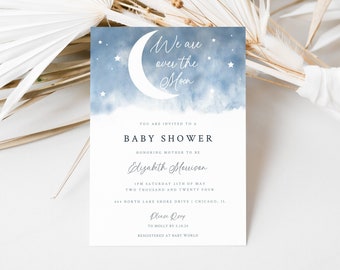 Over the Moon Editable Baby Shower Invitation, Star and Moon Baby Shower Invite, Blue Boy, Moon Baby Shower Boy, OM111