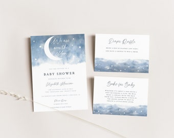 Over the Moon Editable Baby Shower Invitation Bundle, Star and Moon Baby Shower Invite Set, Blue Boy, Moon Baby Shower Boy, OM111