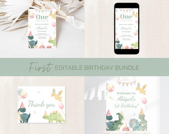Editable Dinosaur First Birthday Bundle, Dinosaur 1st Birthday Invitation Set, Dinosaur Welcome Sign, Dino Party Invite, Dino Decor DDFI