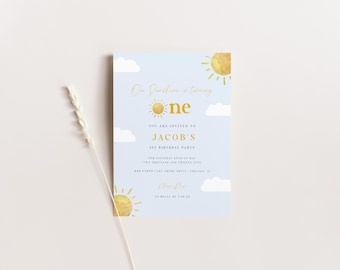 Our Sunshine is One 1st Editable Birthday Party Invitation, You Are My Sunshine Birthday Party Invite Template, Yellow Sun Party Decor SSO1