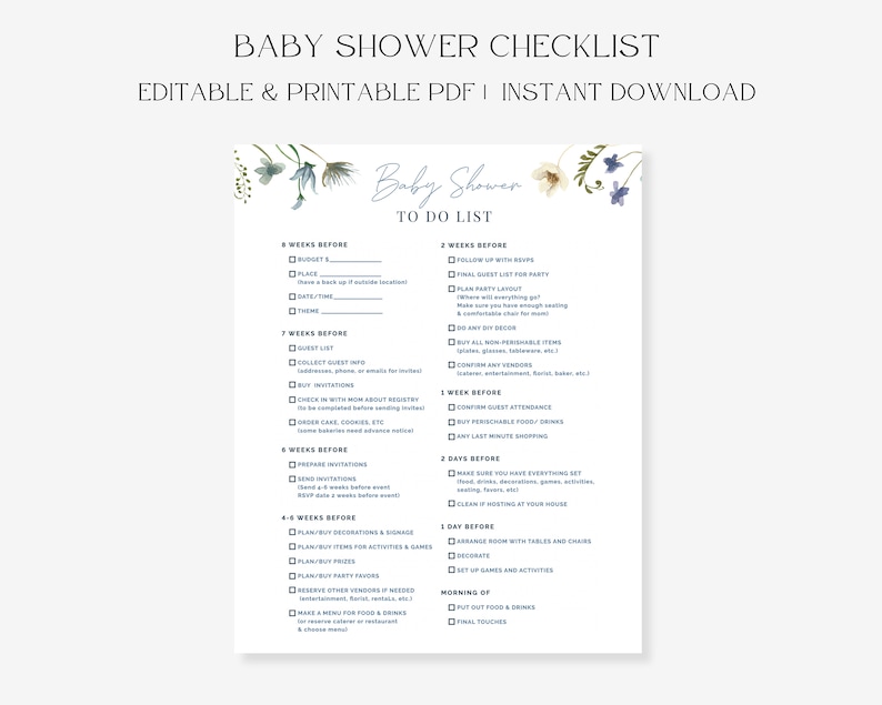 Shower List Editable Baby Shower Checklist, Planner, Planning, Agenda, Template ...