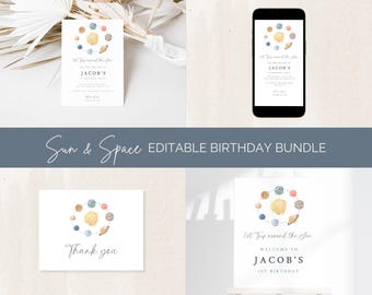 Editable 1st Trip Around the Sun First Birthday Party Invite Bundle, Sunshine First Birthday Party Template Set, Planet Sun Party Decor FTAS