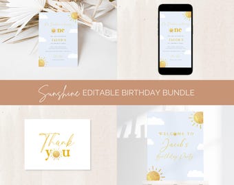 Il nostro Sunshine è il primo pacchetto di inviti per feste di compleanno modificabili, You Are My Sunshine, set di inviti per feste di compleanno, decorazioni per feste Yellow Sun SSO1