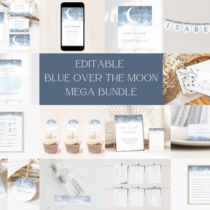 Editable Blue Over the Moon Baby Shower Bundle, Star and Moon Baby Shower Invite Set, Moon Baby Baby Shower Games, OM111