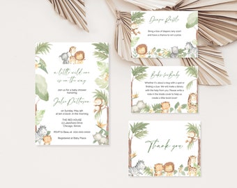May include: A jungle-themed baby shower invitation with a watercolor illustration of animals, including a zebra, giraffe, monkey, and lion. The invitation reads "a little wild one is on the way" and includes the name "Julie Patterson" and details for the shower.