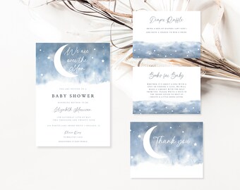 Editable Over the Moon Baby Shower Invitation Bundle, Star and Moon Baby Shower Invite Set, Blue Boy, Thank You, Moon Baby Shower Boy, OM111