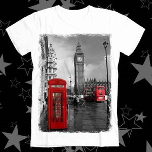 Londra Inghilterra City Black Cab Big Ben Red Phone Booth Double Decker Bus Best Seller Top Tee T Shirt 457