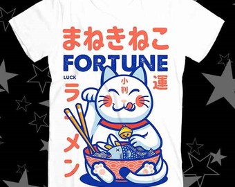 Maneki Neko Fortune Teller Lucky Cat Noddle Ramen Best Seller Top Tee T Shirt 262