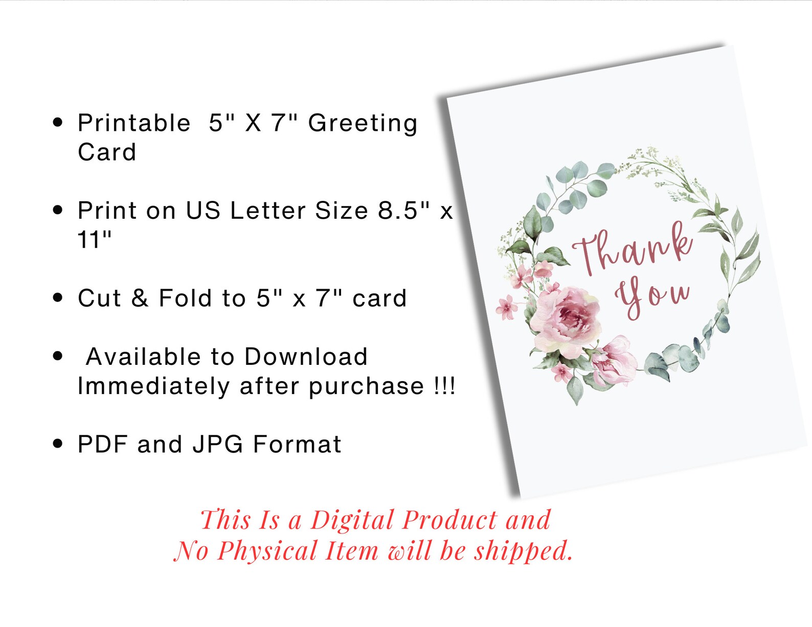 Printable Thank You Card, Instant Download, Thank You Greeting Card ...