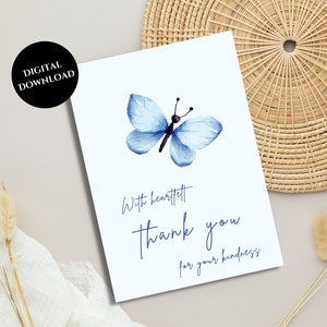 Druckbare Schmetterling Danke-Karte, sofortiger Download, Dankeschön-Karte, Druck zu Hause, digitaler Download, einfaches Design