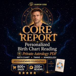 Könnte beinhalten: Eine digitale Grafik für eine personalisierte Geburtshoroskop-Analyse mit dem Titel CORE REPORT von DARROW CODE. Sie zeigt einen Mann, einen Tierkreiszeichen-Ring und Text zu Astrologie-Diensten, einschließlich Geburtshoroskop, Timing und Numerologie als PDF.