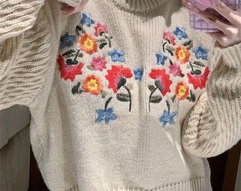 Haut d'hiver chaud, pulls en tricot fleuri, pulls faits main, pulls en laine brodés de fleurs, pulls en laine