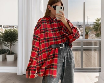 Women's Oversized Plaid Shirt, Casual Retro Blouse Jacket