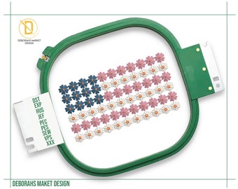 アメリカンデイジーの花柄旗の機械刺繍デザイン（すぐにダウンロードできます）