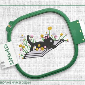 Cute Cat Book Embroidery, Floral Cat Lying On Book Machine Embroider Design, Aesthetic Digital Design Files, Pes Dst Files Instant Download