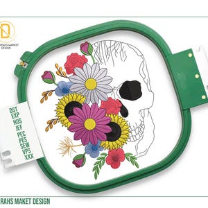 Skull with Flowers Embroidery Design, Machine Embroidered, Dead Floral Skull Pattern, Halloween Spooky Designs, Instant Download, Shop Now